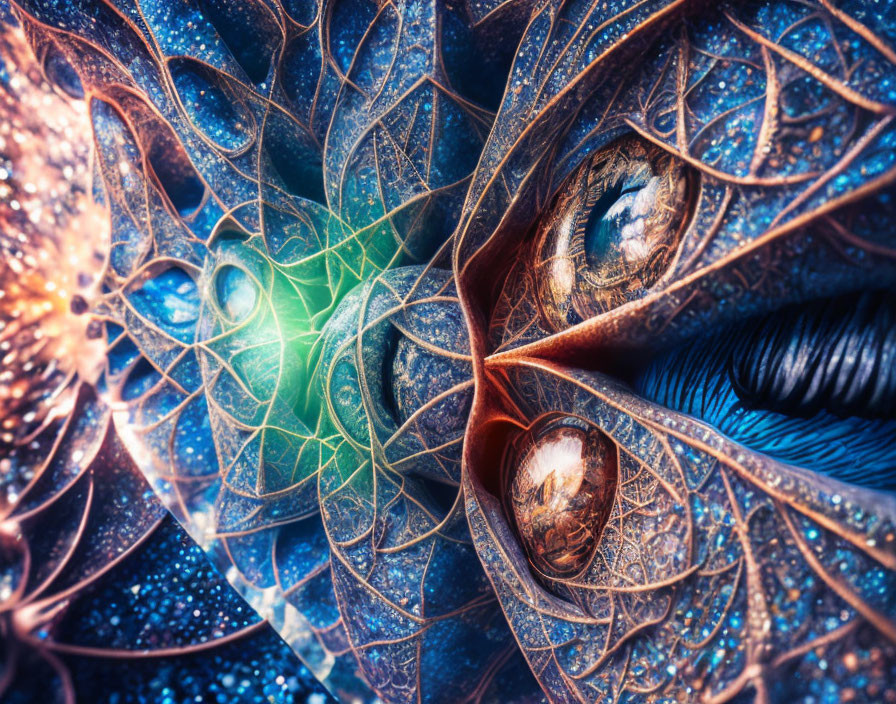 Intricate blue and brown fractal with eye-like structure and green light