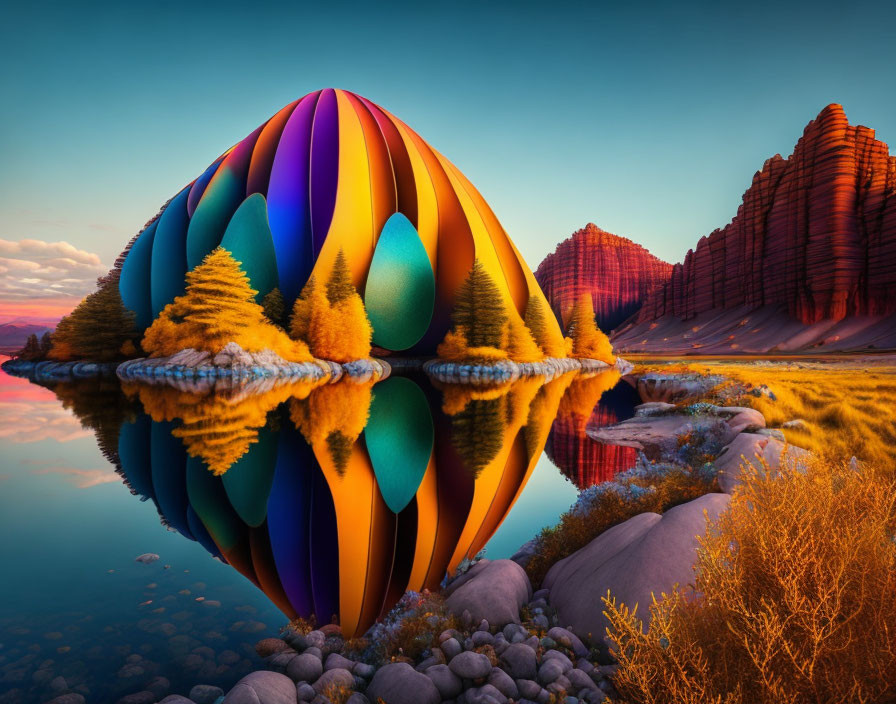 Multicolored spherical object reflecting on water in desert landscape.