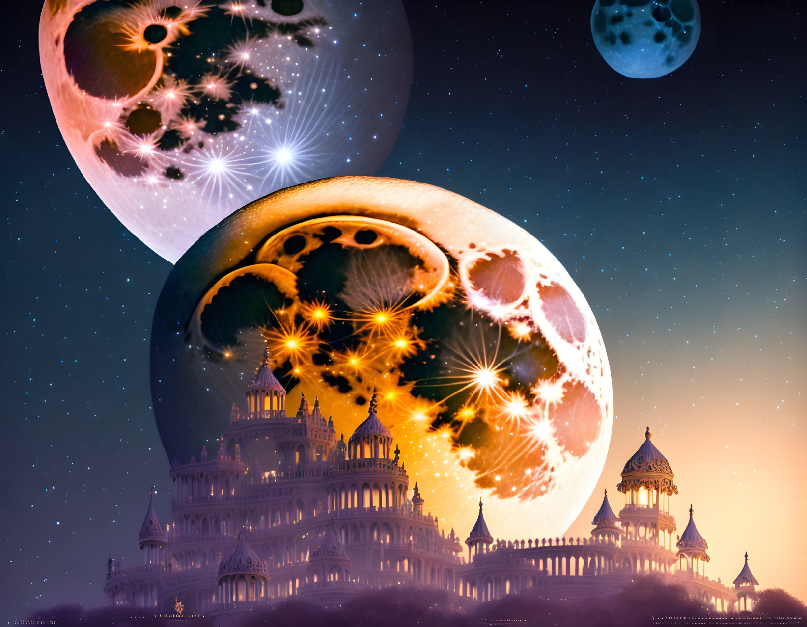 Fantastical scene: Three glowing celestial bodies above detailed palace silhouette