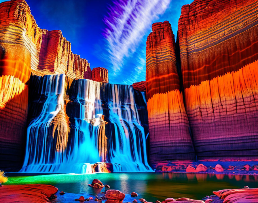 Colorful surreal waterfall cascading over vibrant rock cliffs into serene blue pool under blue sky with streaking