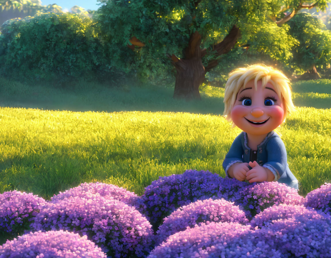 Blond-Haired Boy Smiling in Sunlit Field with Purple Flowers