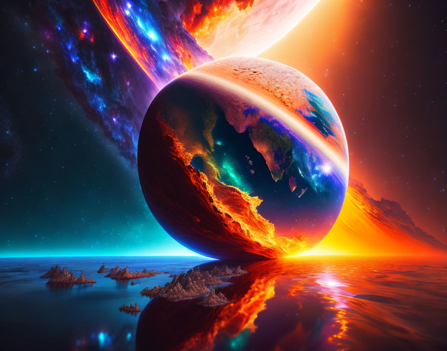 Detailed sci-fi planet scene with fiery horizon and cosmic phenomena.