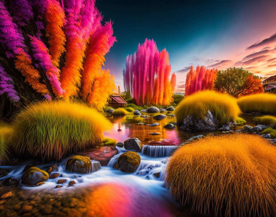 Colorful landscape with stream, trees, stones, and pagoda house at twilight