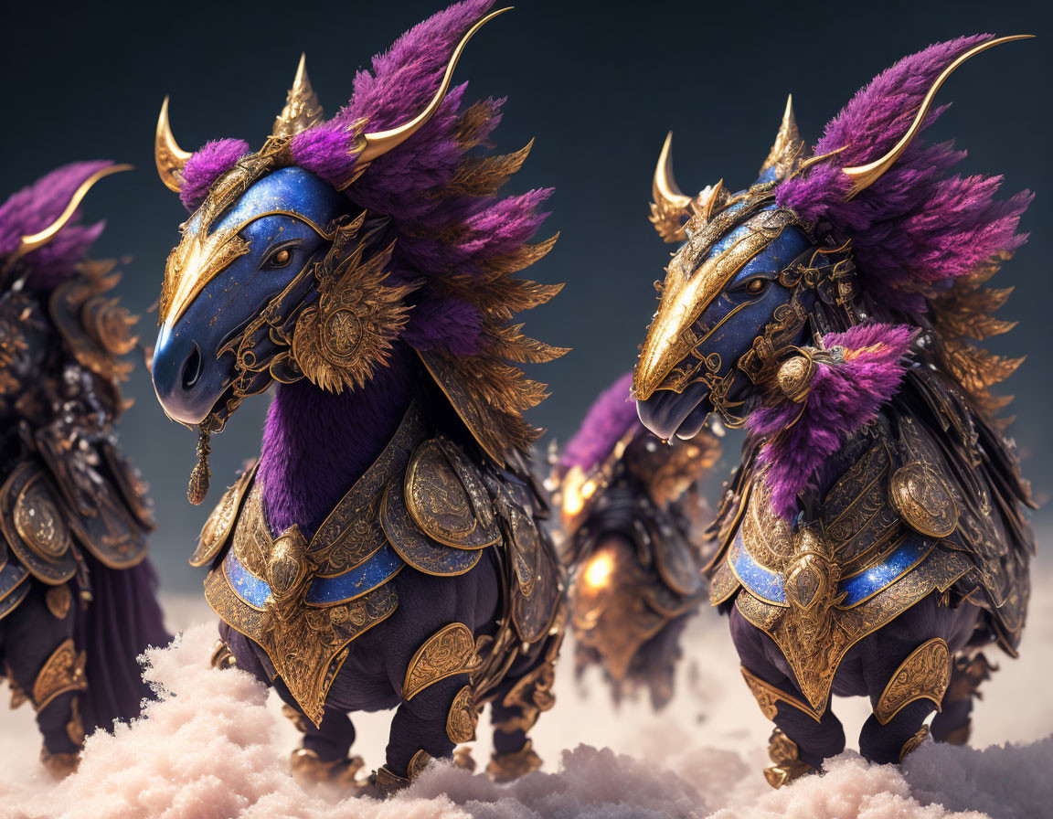 Armored horse-like creatures with golden embellishments in cloudy setting.