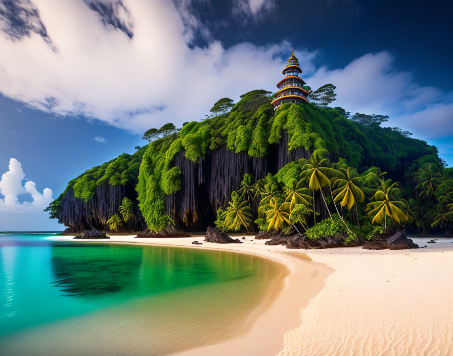 Tranquil beach with clear blue waters, white sands, lush greenery, and multi-tiered