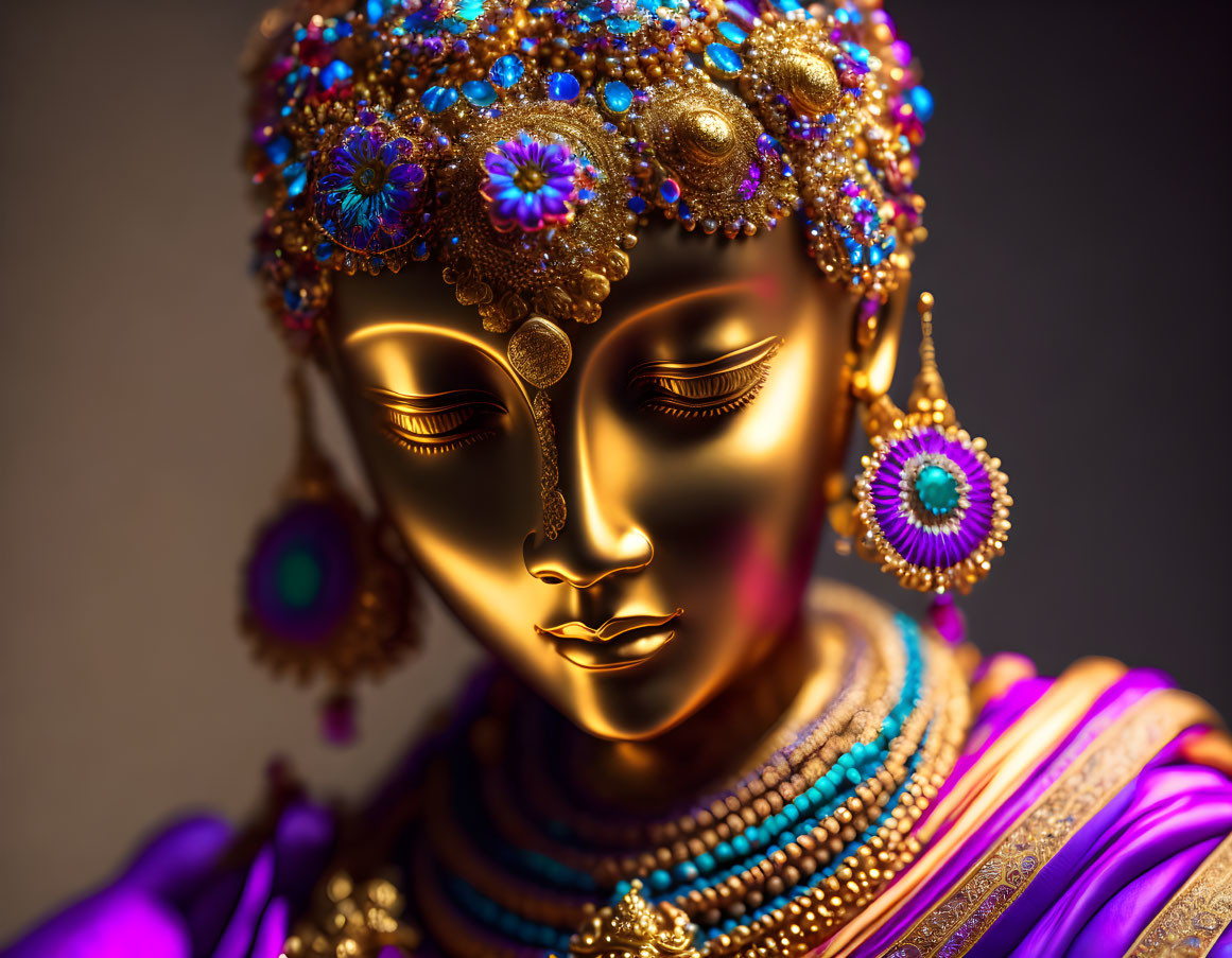 Golden statue with intricate jewelry and serene face symbolism