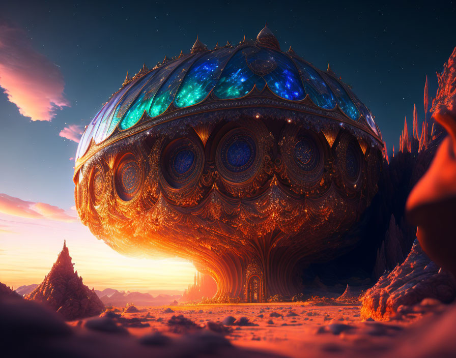 Glowing patterned spaceship-like structure over alien landscape at sunset