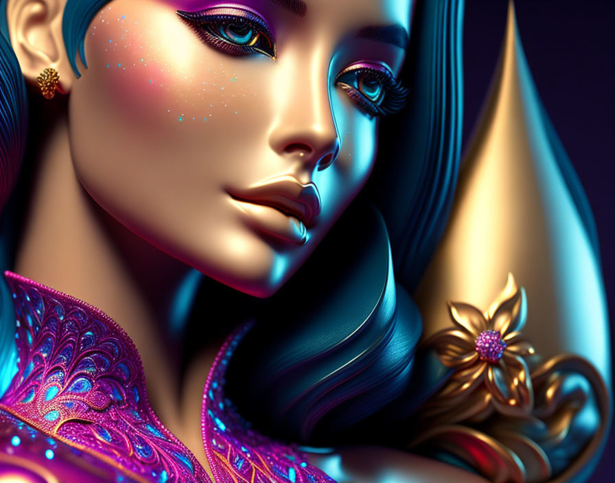 Colorful digital portrait of woman with blue skin and glittering freckles in luxurious purple and gold