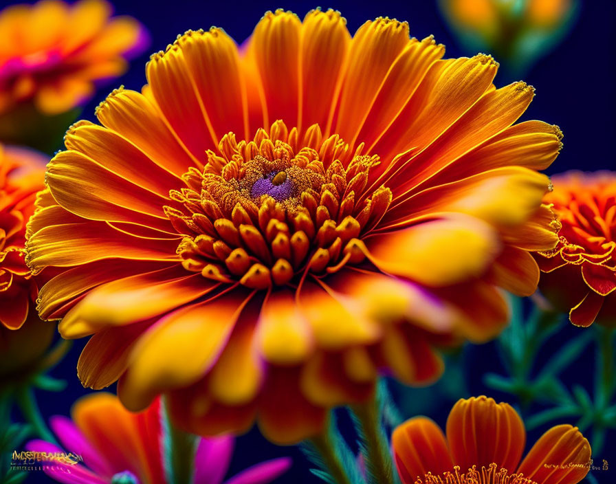 Vibrant orange flower with layered petals on deep blue background