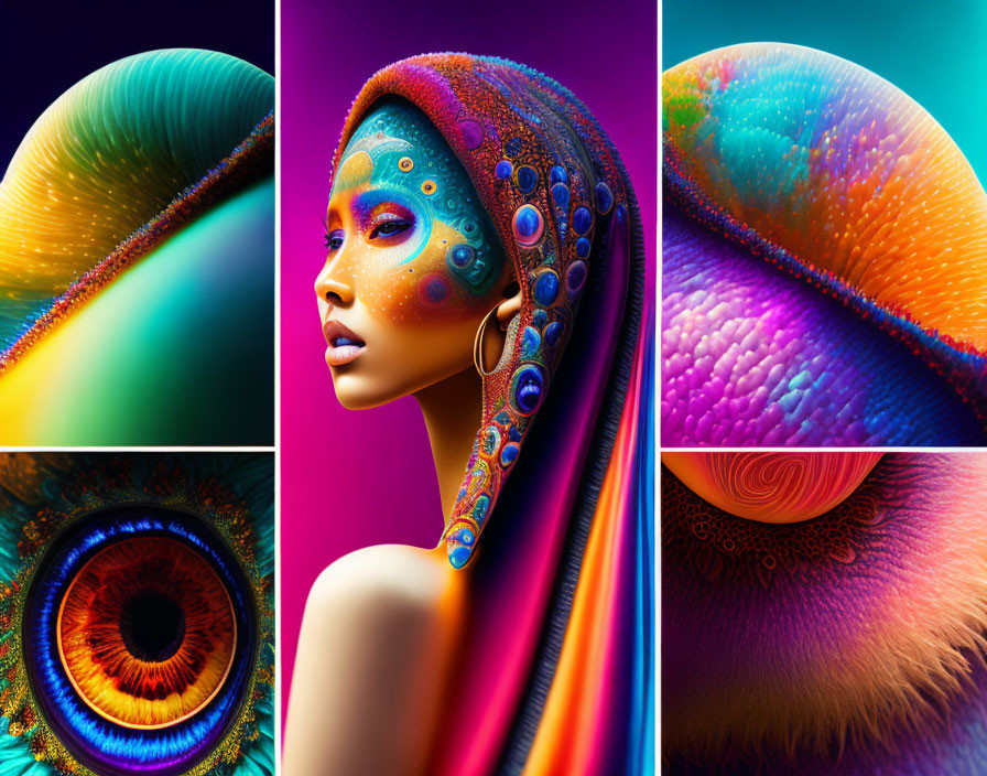 Colorful Woman Collage with Abstract Peacock Patterns