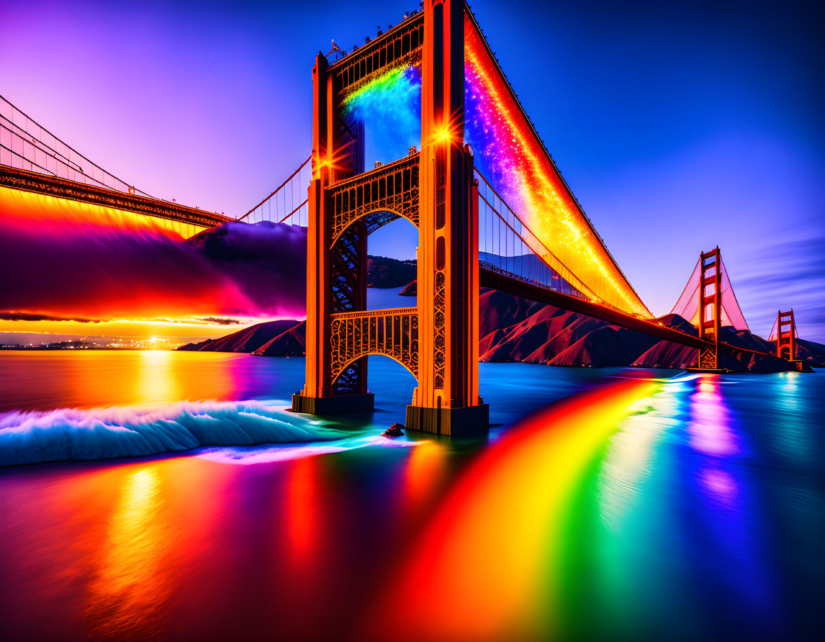 Colorful Lights Illuminate Golden Gate Bridge at Twilight