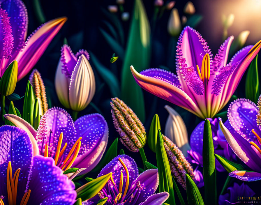 Purple and White Lilies with Stamens, Dewdrops, and Sunbeam on Dark Leafy Background