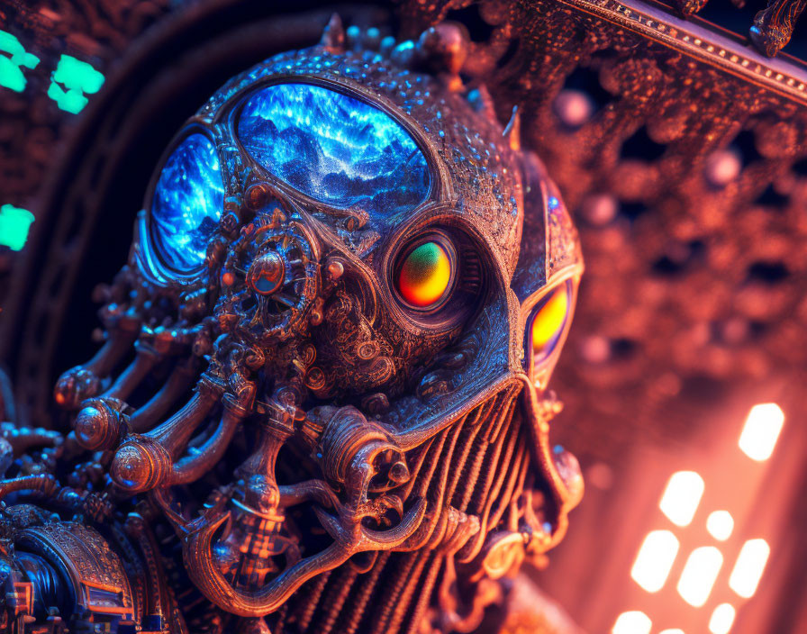 Steampunk-style robotic head with glowing blue eyes in neon lights