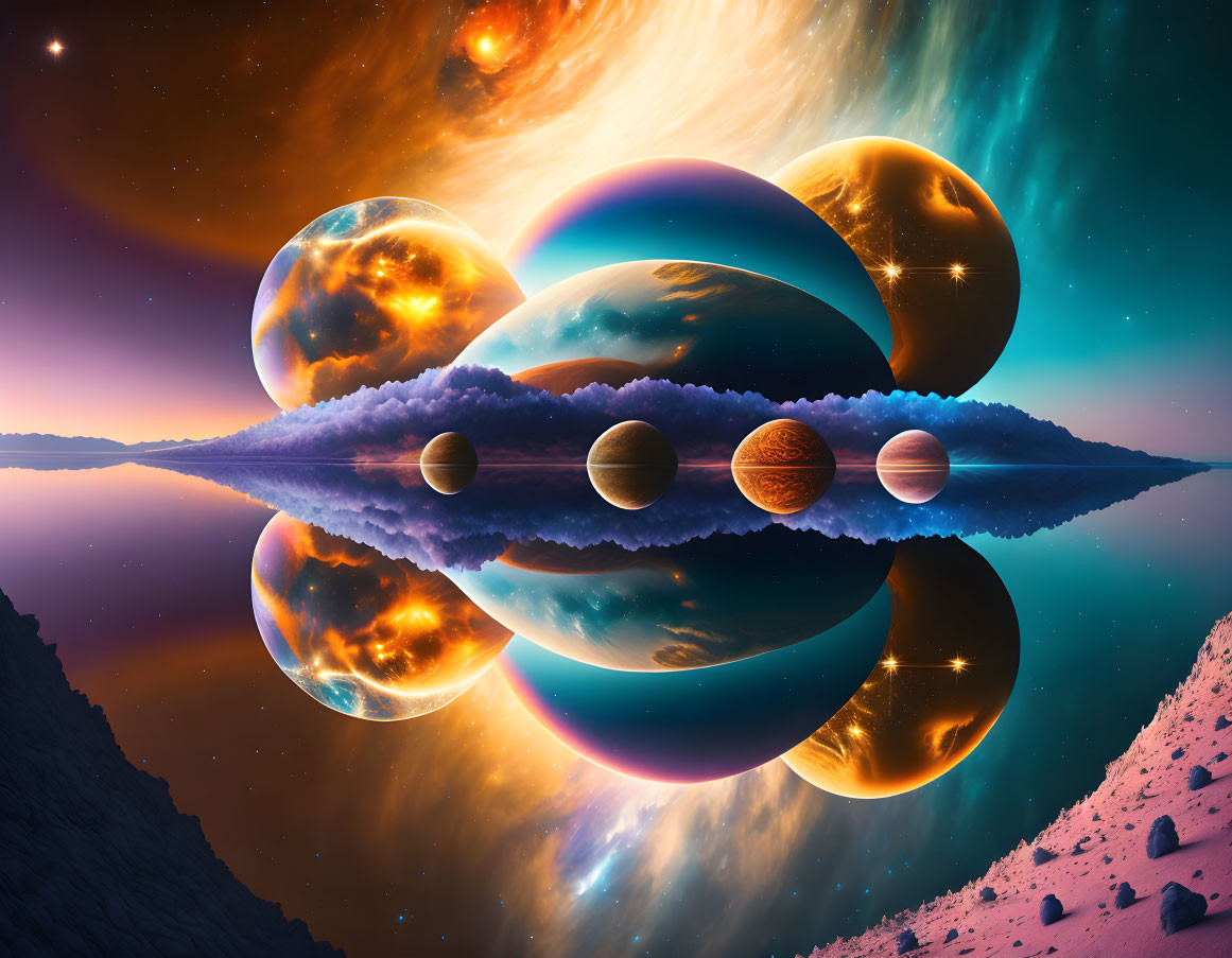 Symmetrical cosmic artwork featuring fiery and cool-toned planets