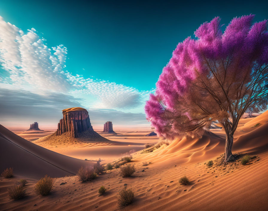 Vibrant purple tree in surreal desert landscape