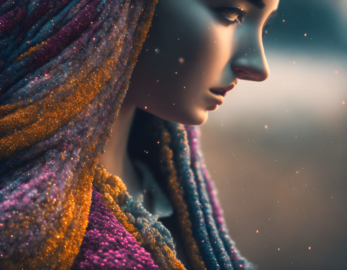 Portrait of woman with multicolored scarf in soft lighting