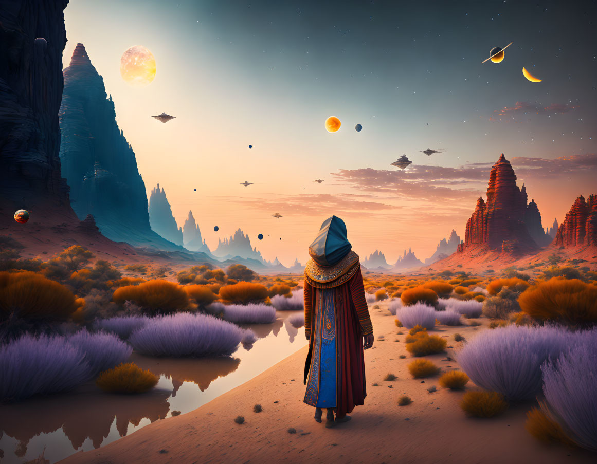 Robed Figure in Surreal Desert Landscape with Multiple Planets