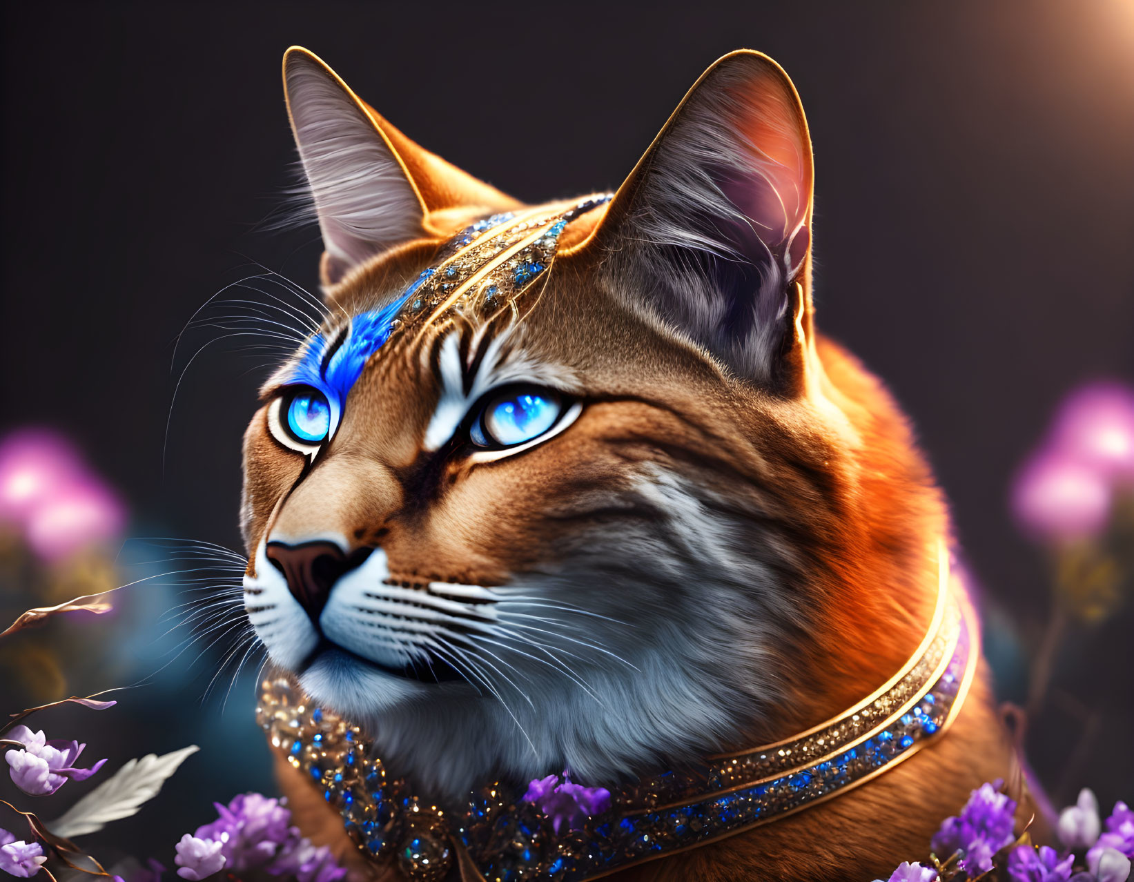 Majestic cat with blue eyes in gold and blue jewelry among purple flowers