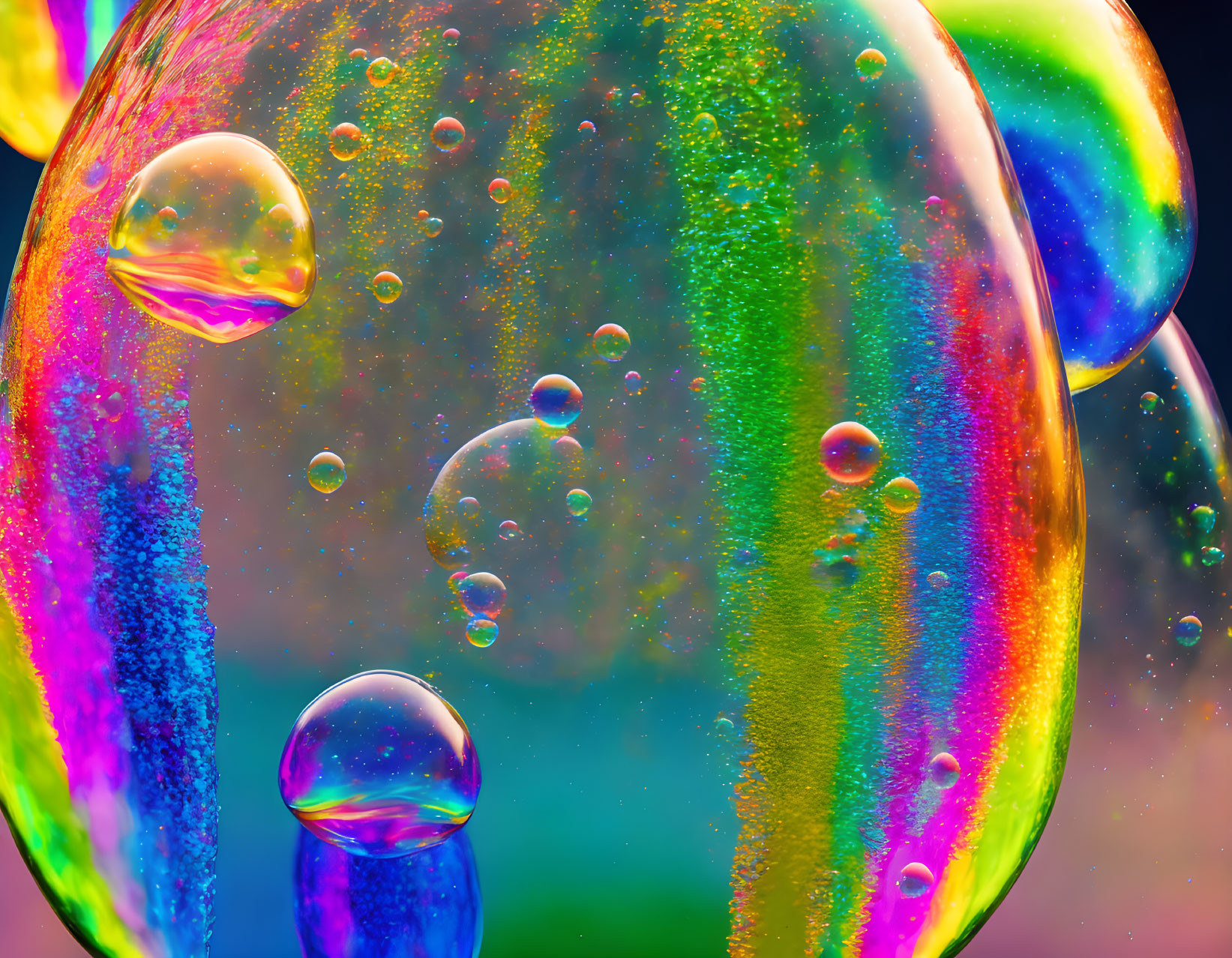 Colorful soap bubbles with iridescent reflections in macro view