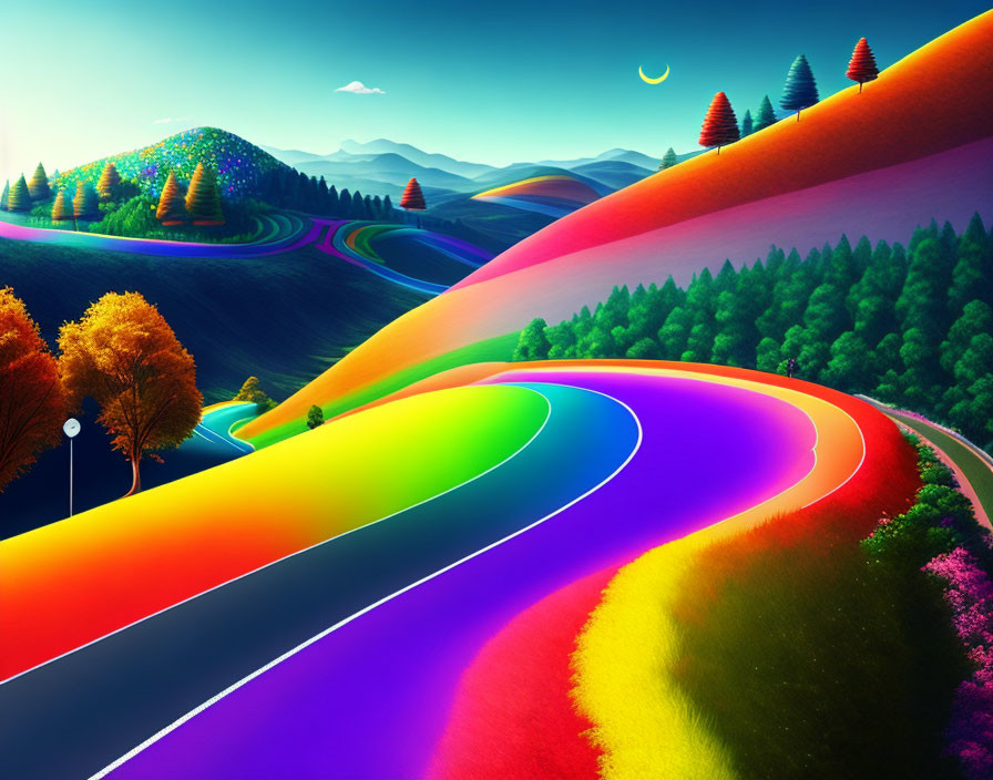 Colorful landscape with rainbow road, rolling hills, trees, and crescent moon