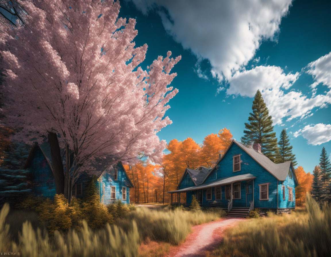 Tranquil landscape with blue house, pink trees, and cloudy sky