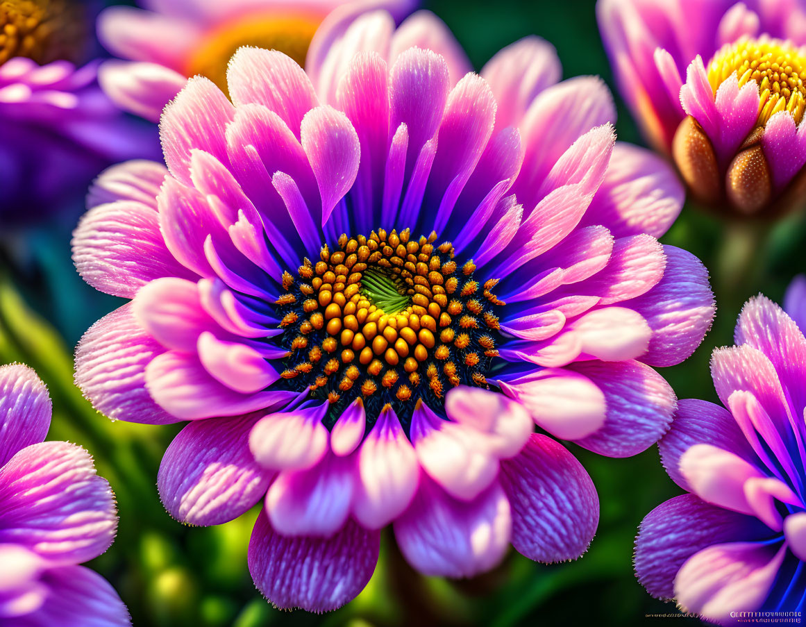 Detailed close-up of vibrant purple daisy with yellow and brown center among other blossoms on green backdrop