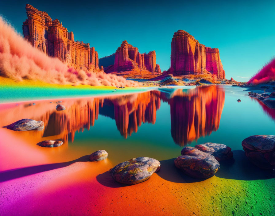 Colorful Rock Formations and Pink Foliage in Surreal Landscape