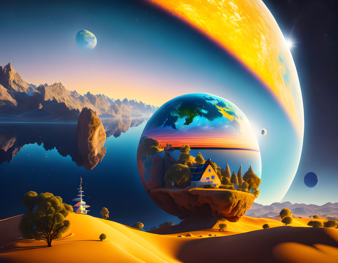 Surreal landscape with floating island, traditional house, trees, deserts, majestic planets