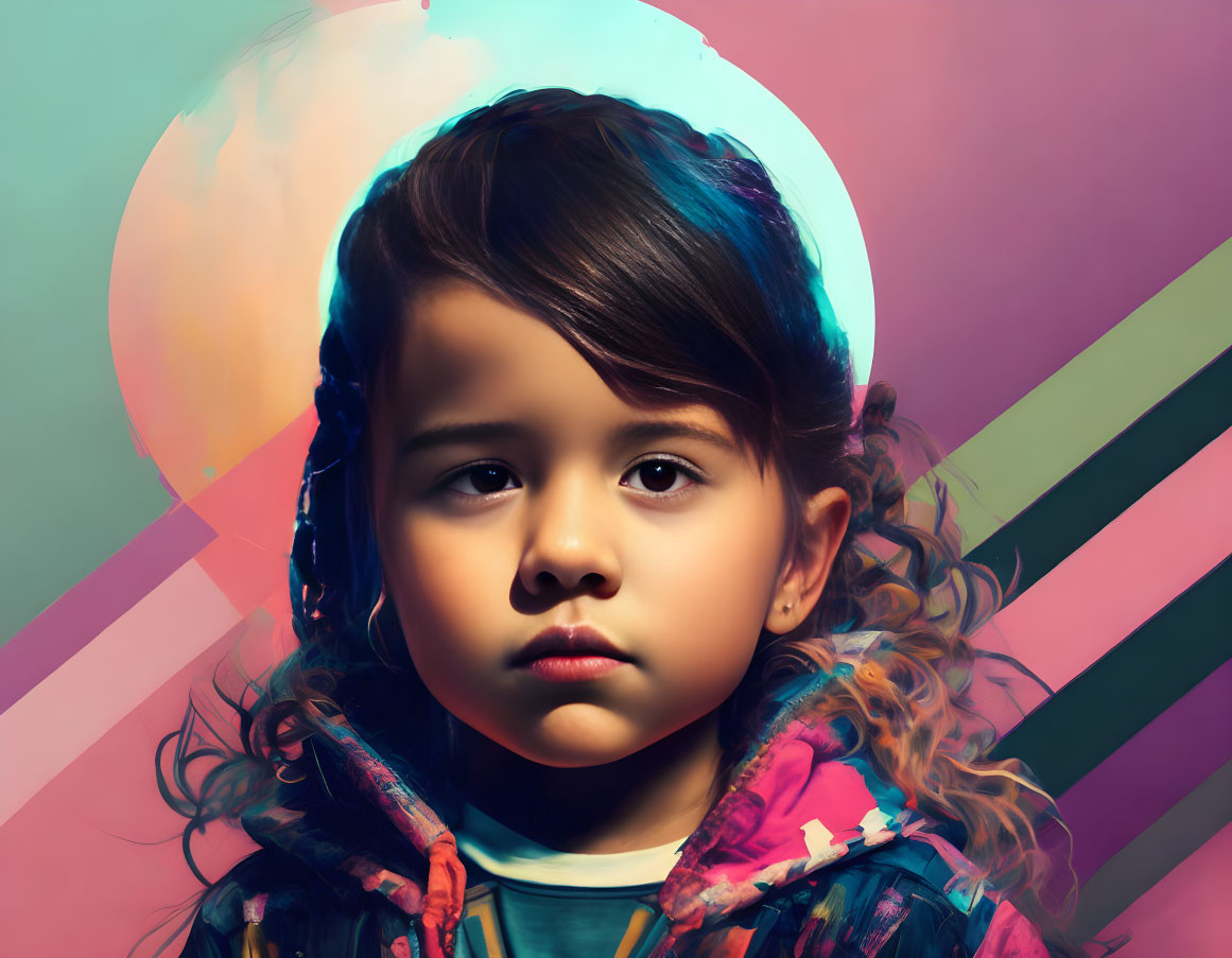 Pensive young child against vibrant colorful backdrop