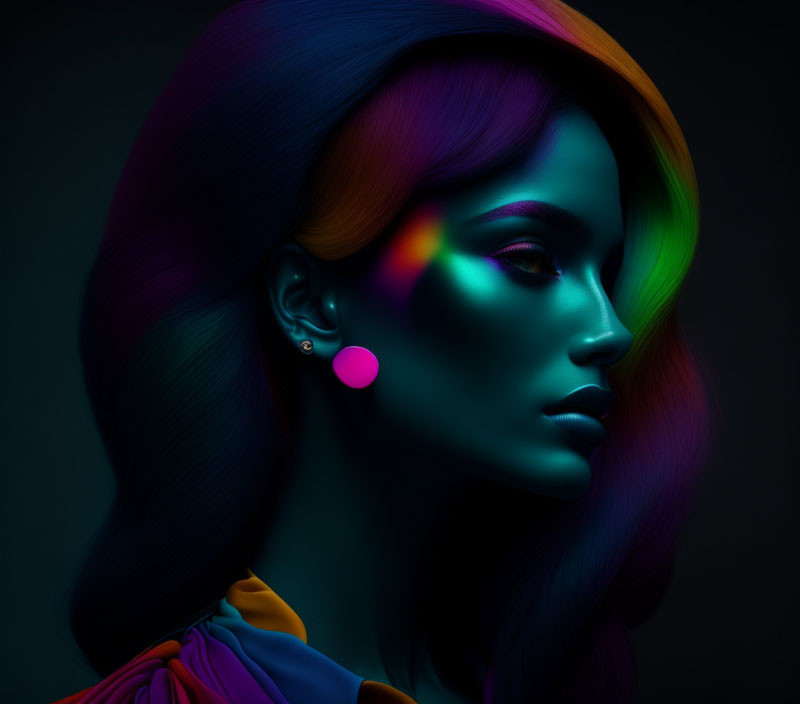 Multicolored hair and vibrant makeup on woman against dark background