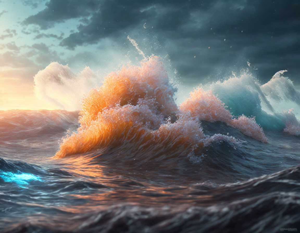 Dramatic ocean waves under orange sky scene