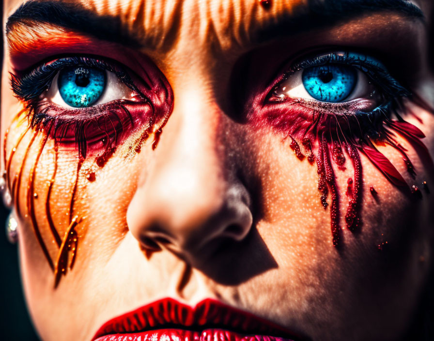 Person with Striking Blue Eyes and Dramatic Red Makeup