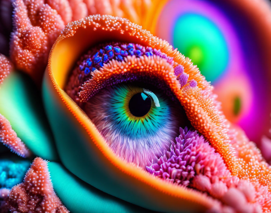 Colorful Macro Image of Human Eye with Spiral Patterns in Orange, Purple, and Blue