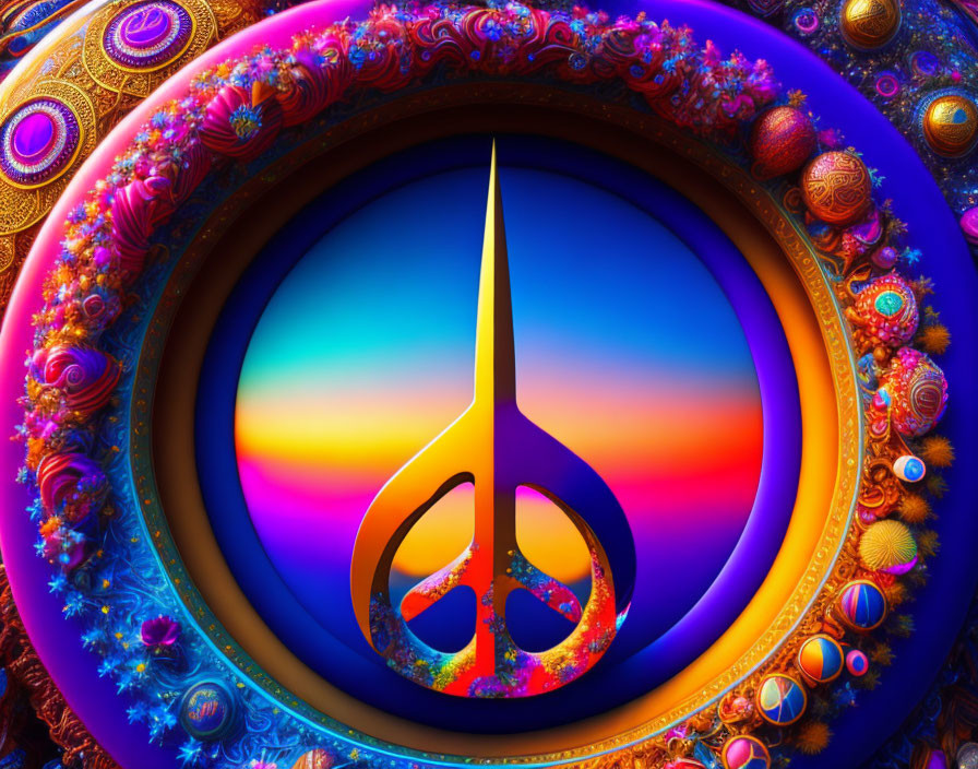 Colorful fractal art with peace symbol and intricate patterns