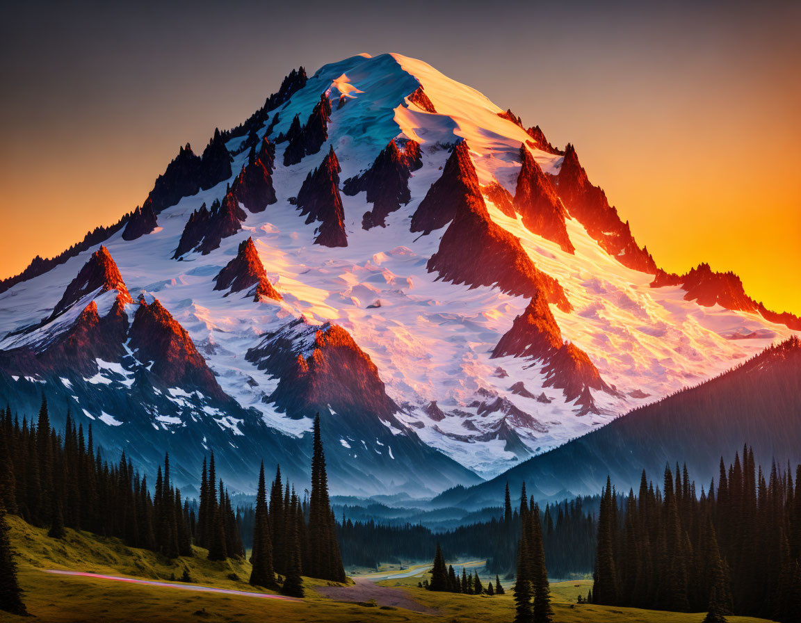 Snow-capped mountain at sunset with pine trees and clear sky