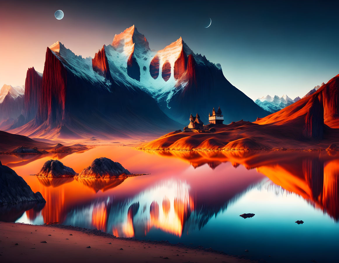 Vibrant orange and blue fantasy landscape with lake, mountains, castle, and two moons