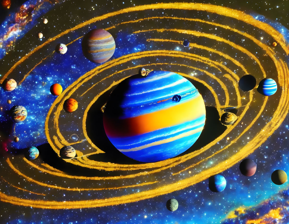 Colorful Solar System Artwork with Striped Sun & Planets