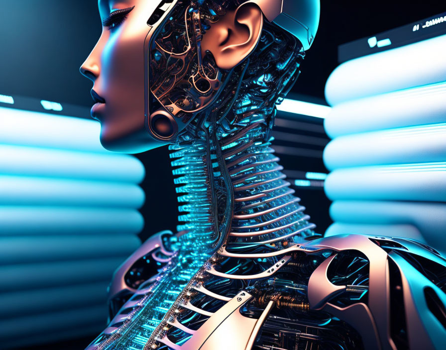 Detailed 3D illustration of female humanoid robot with intricate wiring in neck and head on futuristic blue-l