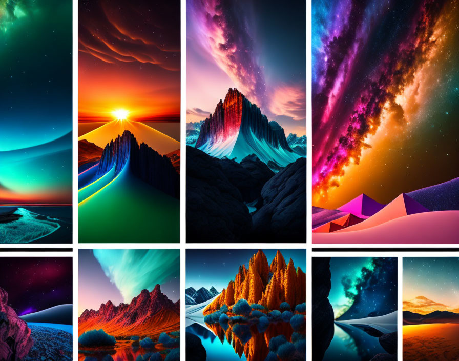 Nine Vibrant Landscape Collage with Neon Colors: Mountains, Night Skies, Celestial Events