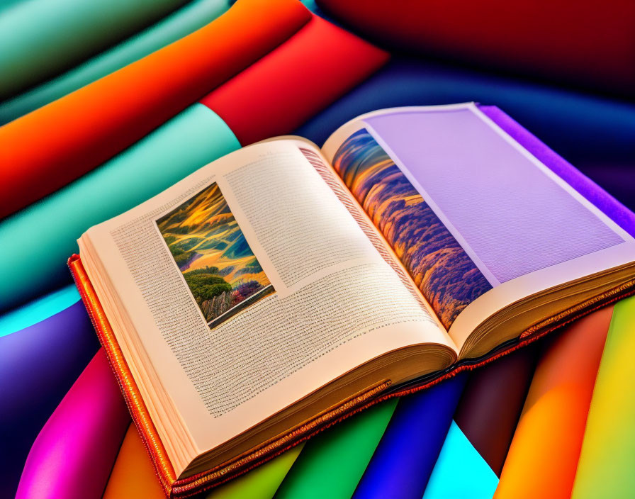 Landscape picture on open book with vibrant rolled paper sheets