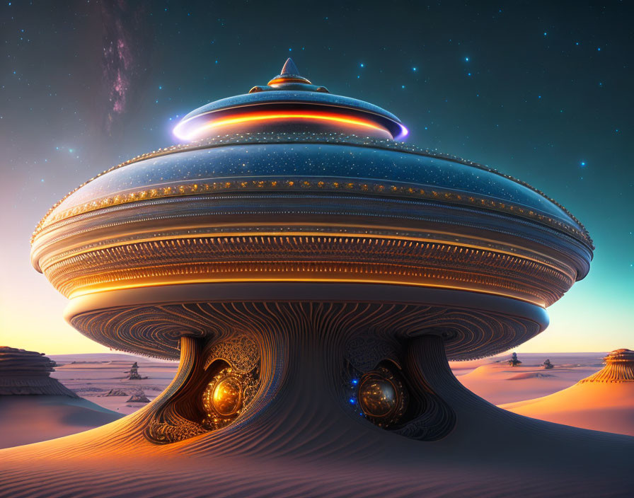 Ornate flying saucer in twilight desert landscape