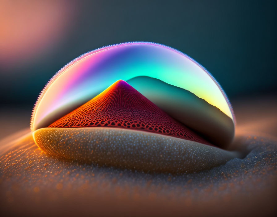 Luminous iridescent bubble over textured landscape in colorful digital artwork