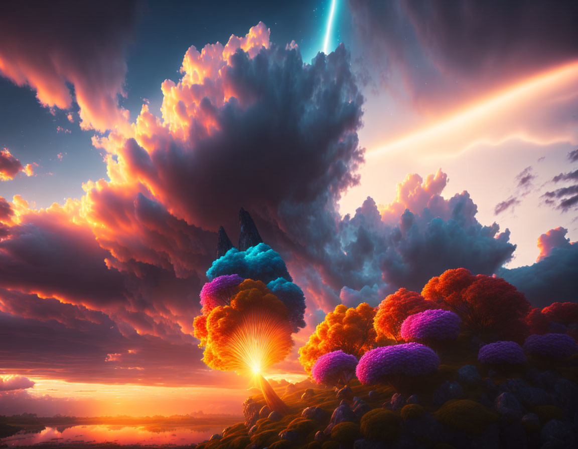 Colorful tree-like formations under dramatic sunset sky with comet streaking above