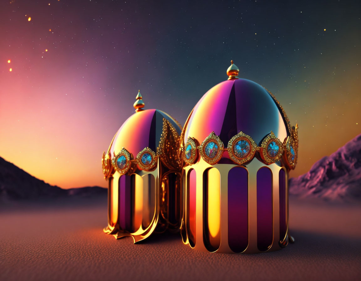 Golden gem-studded crowns on desert landscape with mountains and starry sky