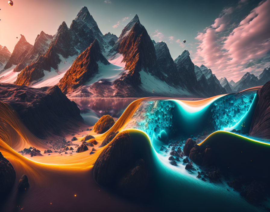 Surreal landscape with glowing rivers and dark mountains at dusk