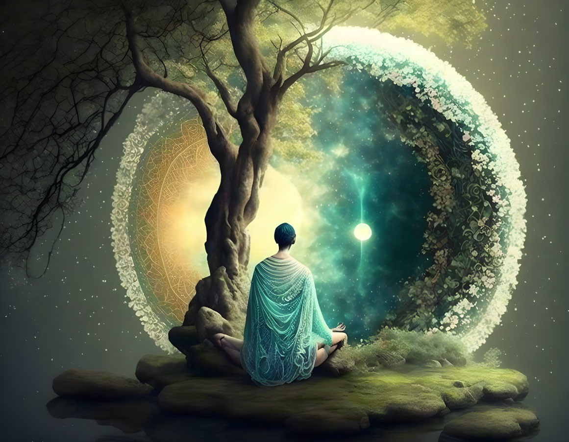 Person in Blue Garment Contemplates Starry Portal in Mystical Landscape