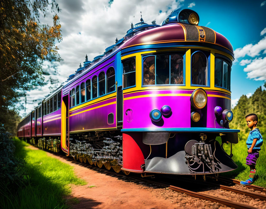 Vintage-style colorful train on tracks with curious child in lush environment