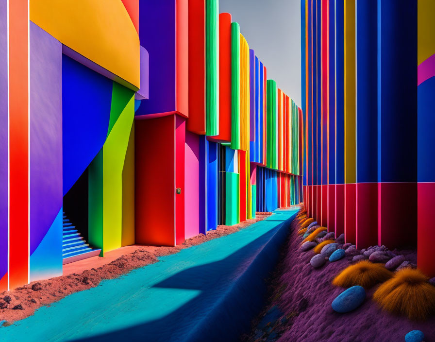 Colorful geometric panels in vibrant corridor with red, blue, and purple hues