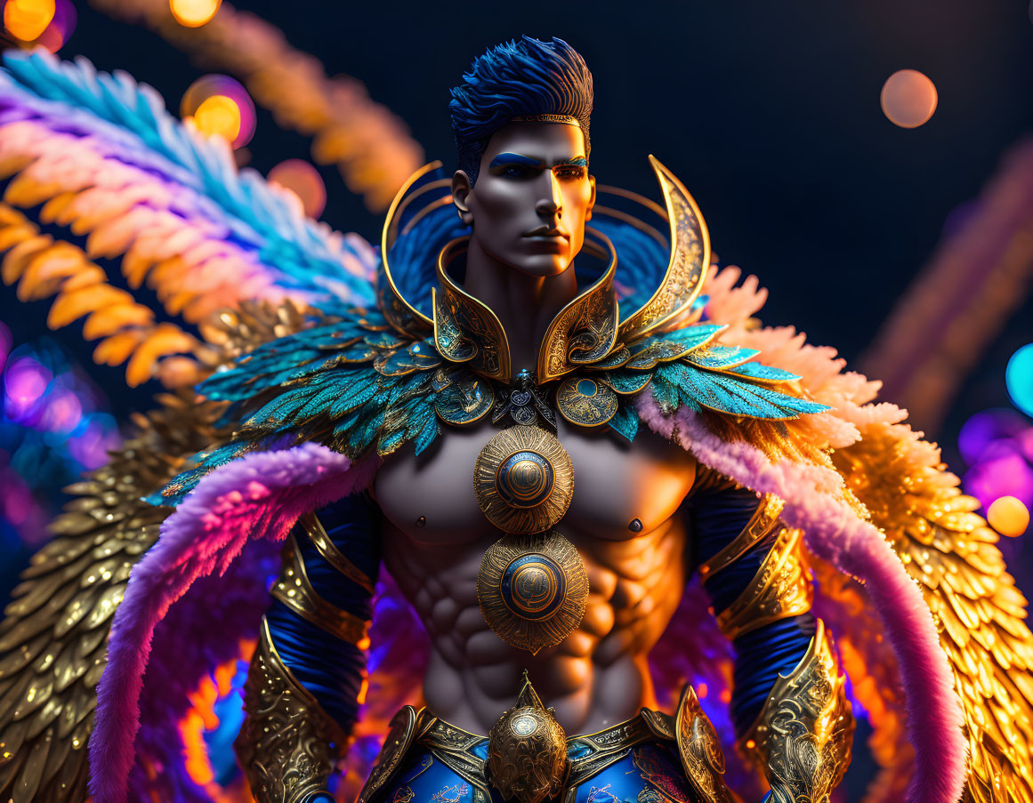 Golden-armored figure with vibrant wings on bokeh light background