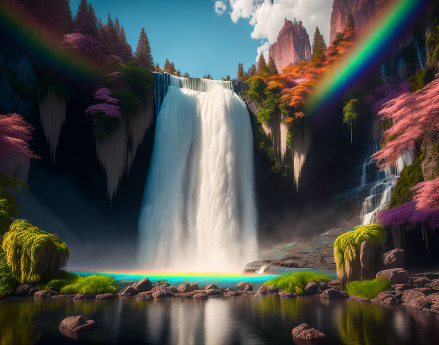 Majestic waterfall cascading into tranquil pond with colorful foliage and vivid rainbow